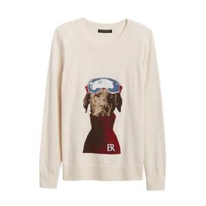 Banana Republic Dog Graphic Sweater Cream Ski Goggles Pullover Womens L Cotton